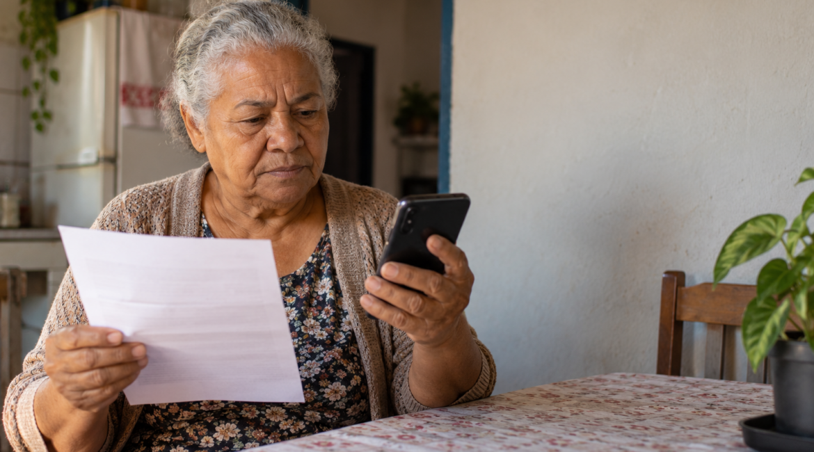 Senhora idosa lendo carta de notificação do INSS e conferindo o celular, sobre bloqueio do BPC no pente-fino