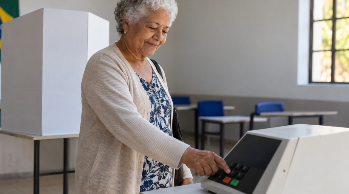 Pessoa idosa votando em urna eletrônica, cujo comparecimento vale como prova de vida do INSS